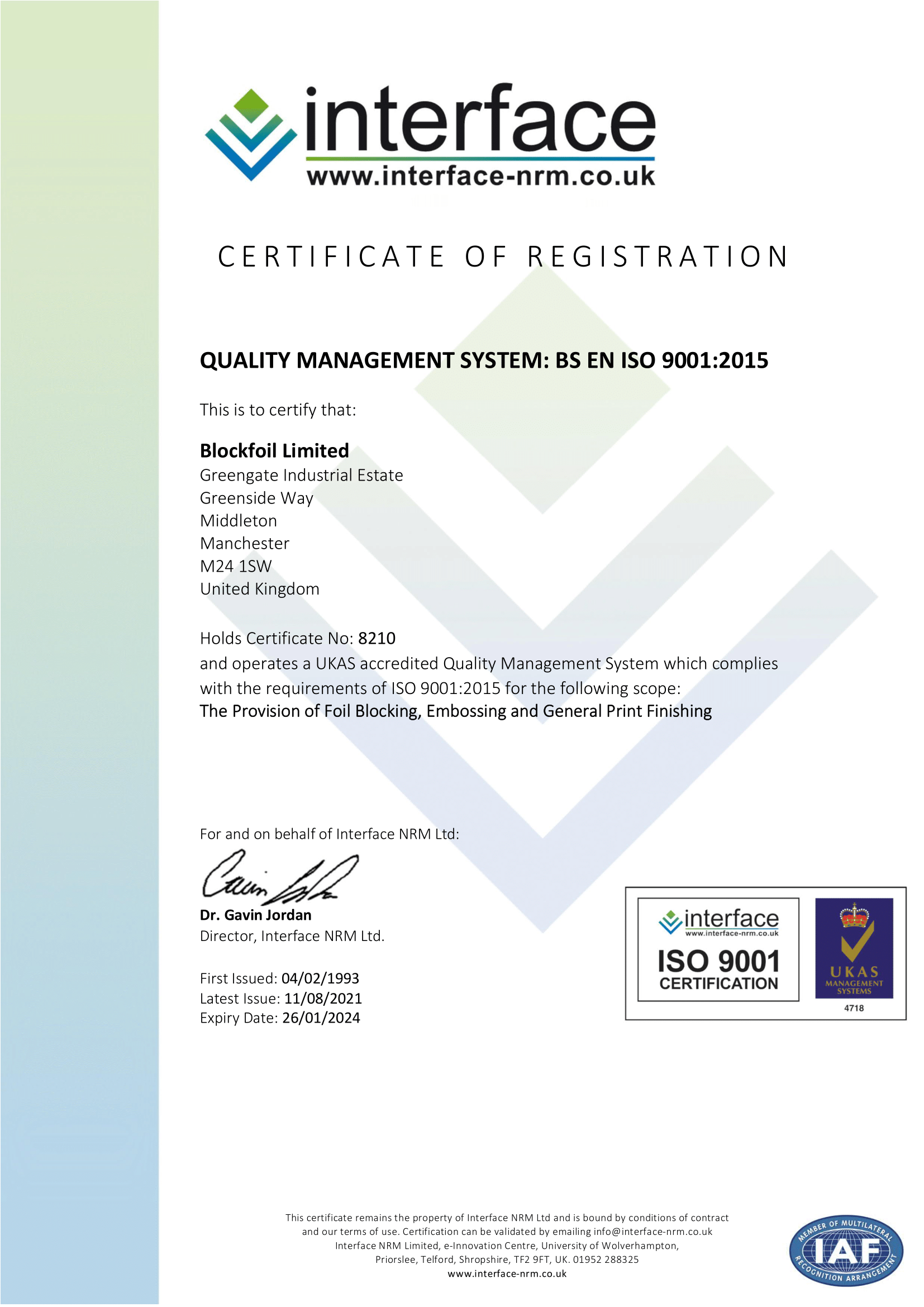 Blockfoil ISO 9001 Certificate 8210 (ID 7823)-1